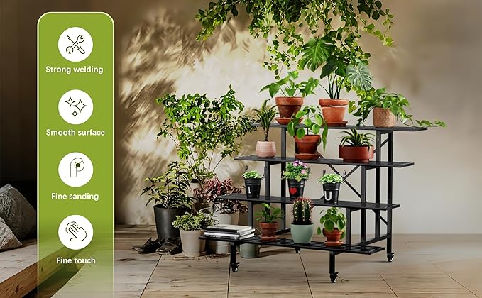 Zhongma 4 Tier Sturdy Metal Plant Stand with Wheels, L45.67 x W34.65 x H35.83 inch, Heavy Duty Plant Holder for Home Indoor and Outdoor, 880 LBS Capacity & Heavy Duty Construction