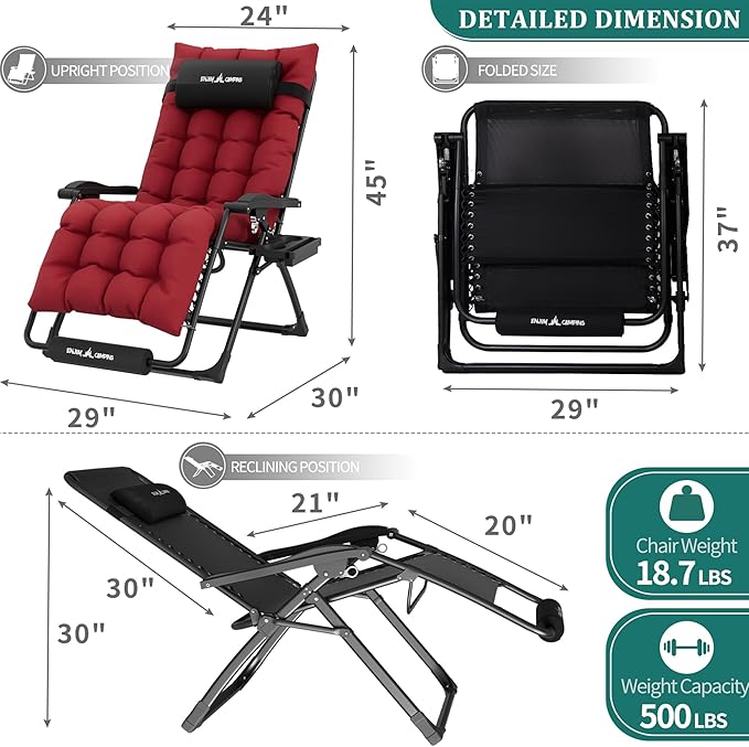UDPATIO Oversized Zero Gravity Chair Set of 2, 29In XL Patio Reclining Chair with Cushion, Outdoor Folding Recliner with Pillows|Cup Holder|Foot Rest|Padded Headrest, Burgundy, Support 500LB
