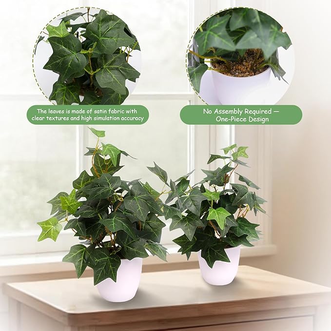 alyptus Fake English Ivy Plants in Pots Set of 2 – Realistic Artificial Ivy Greenery for Home Decor, Tabletop, Office, Shelf, Balcony or Bathroom - Green with White Pots