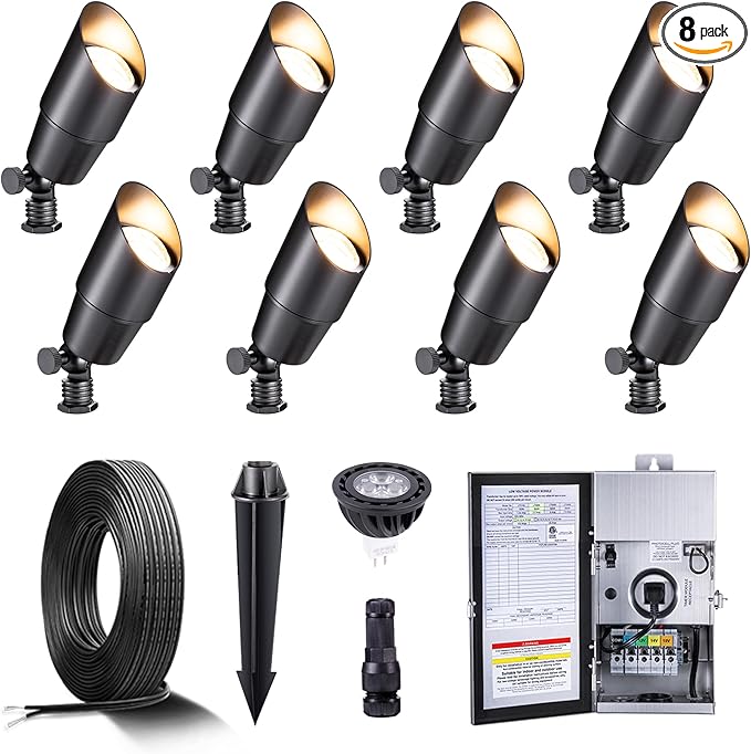 Gardenreet Black Brass Low Voltage Landscape Spotlights(8-Pack) Kit 12V LED with 150W Low Voltage Transformer & Mechanical Timer & 100FT Wire & 40Pack Connectors for Outdoor House Garden Patio