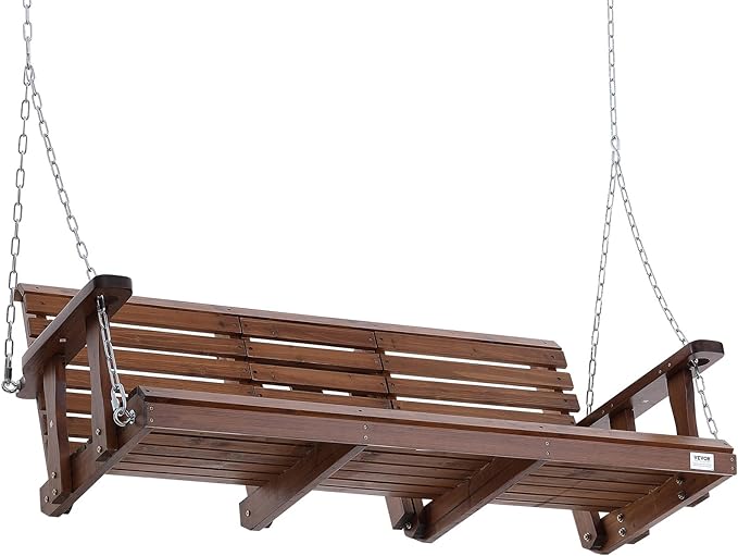 VEVOR Wooden Porch Swing 5 ft, Patio Bench Swing for Courtyard & Garden, Upgraded 880 lbs Strong Load Capacity, Heavy Duty Swing Chair Bench with Hanging Chains for Outdoors, Brown