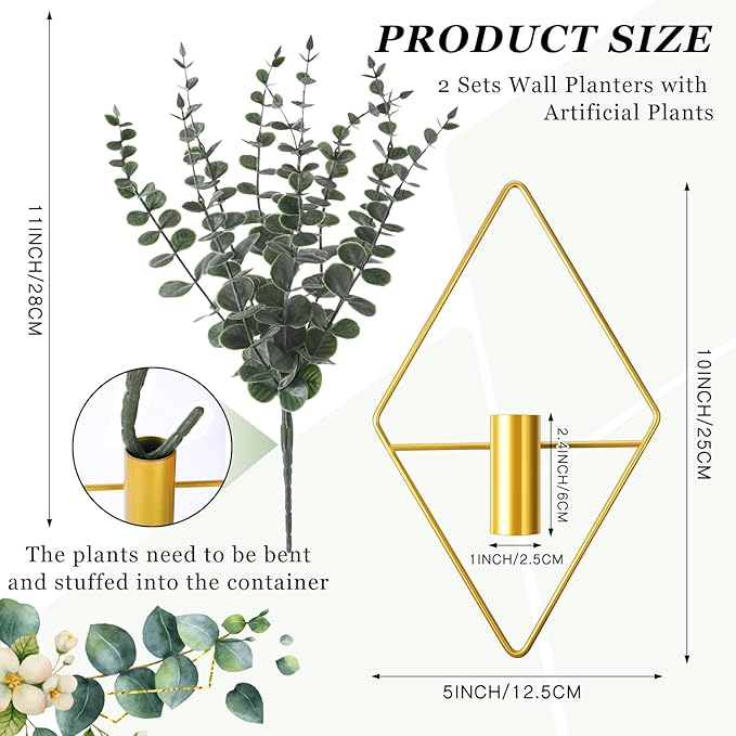 Jexine 4 Pcs Hanging Planters with Artificial Eucalyptus Metal Hanging Vase Indoor Plants Holder Modern Geometric Boho Bathroom Wall Decor for Living Room Home Office (Eucalyptus,Gold)