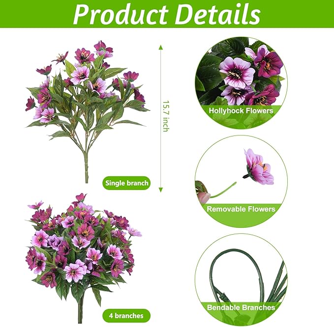 Fake Artificial Flowers for Outdoors Decoration,4 Bundles Silk Faux Spring Flowers with Plants Leave UV Resistant for Planter Front Door Porch Yard Patio Window Box Home Indoor Decor