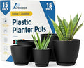 Black Plant Pots with Drainage Holes & Saucers 15 Pack, Indoor & Outdoor Stackable Space-Saving Planters for Houseplants & Flowers, (7", 6.7", 6", 5.3", and 4.8" Inches), Durable & Weatherproof