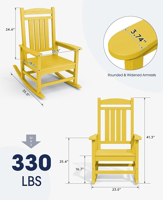 KINGYES Outdoor Rocking Chair Set of 2, High Density Polyethylene Patio Rocking Chairs with 330lbs Support for Adults, Yellow