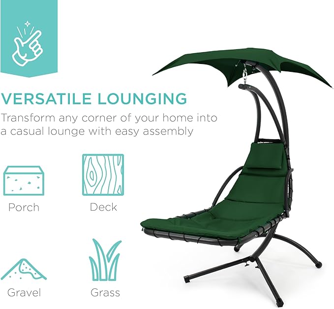 Best Choice Products Outdoor Hanging Curved Steel Chaise Lounge Chair Swing w/Built-in Pillow and Removable Canopy - Green