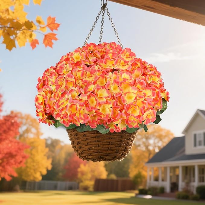 Artificial Fall Flowers for Outdoors, 6 Bundles Realistic Silk Fake Geraniums, No Fade Autumn Faux Plants for Hanging Baskets, Window Boxes, Planters - Porch, Patio, Garden Decor(Sunset)