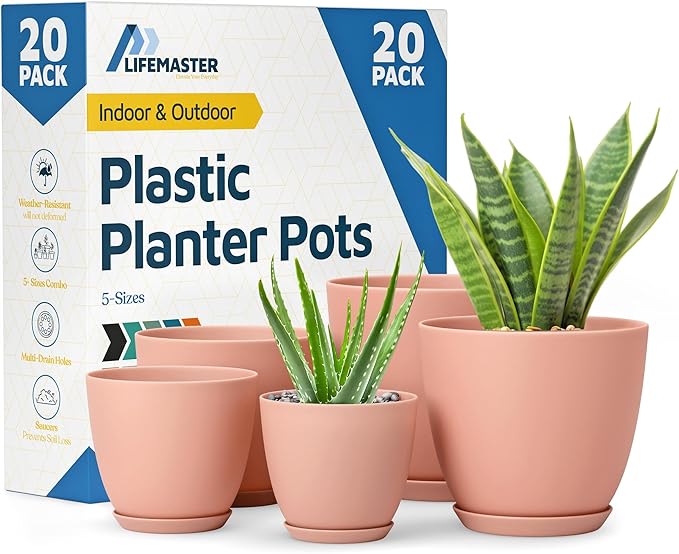 Planter Pots with Drainage Holes - Lightweight, Durable, and Space-Saving Pots for Indoor and Outdoor - Versatile Functionality, Simple Modern Design, Set of 20 Plastic Planter Pots - Pink