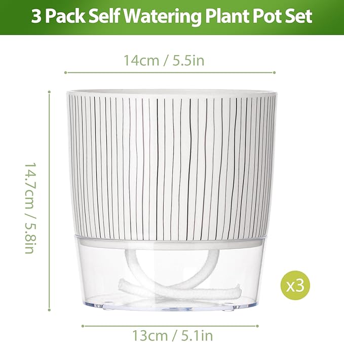 3 Pack Self Watering Pots Set, 5.5 Inch Self Watering Pots for Indoor Plants, Planter Pot with Wick Rope and Reservoir for African Violet, Spider Plant, Orchid