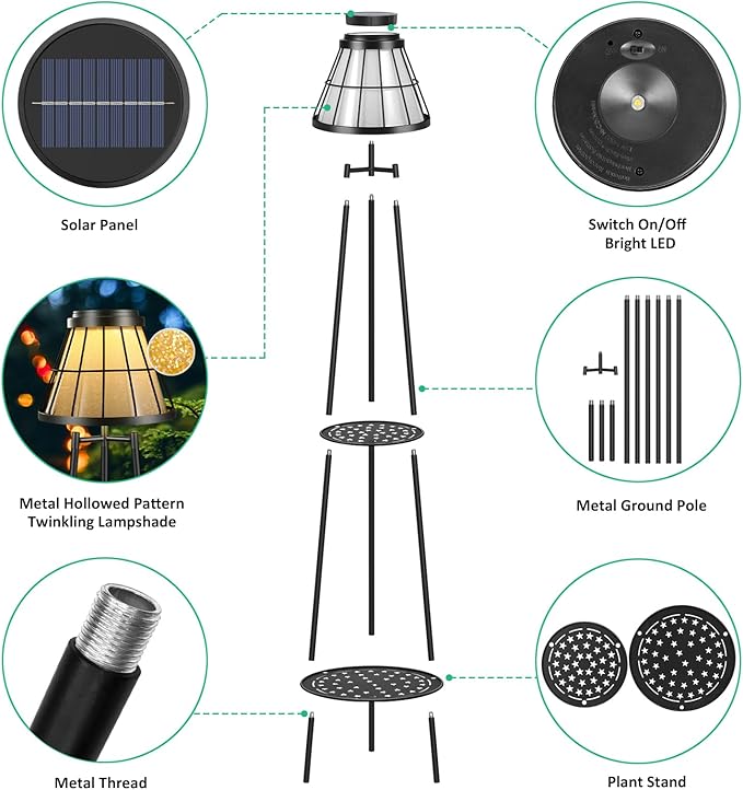 2 Pack 45.5'' Outdoor Floor Lamps with 2 Tier Plant Stand, Solar Powered Metal Waterproof Lights for Patio Deck Yard Garden Porch Decor