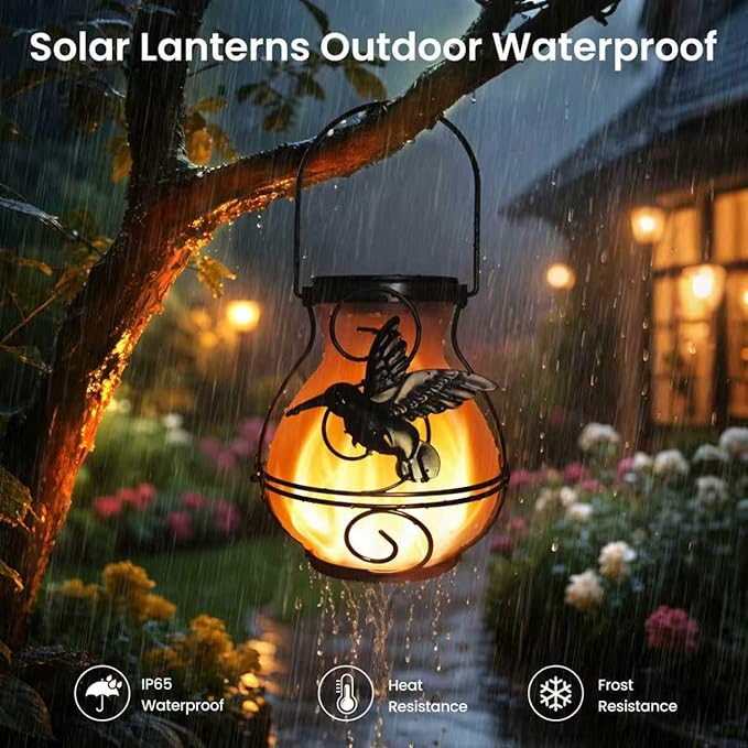 Solar Lanterns Outdoor Waterproof Flickering Flame Lights Hummingbird Metal Hanging Solar Lantern Patio Porch Garden Decoration (4 Pack)