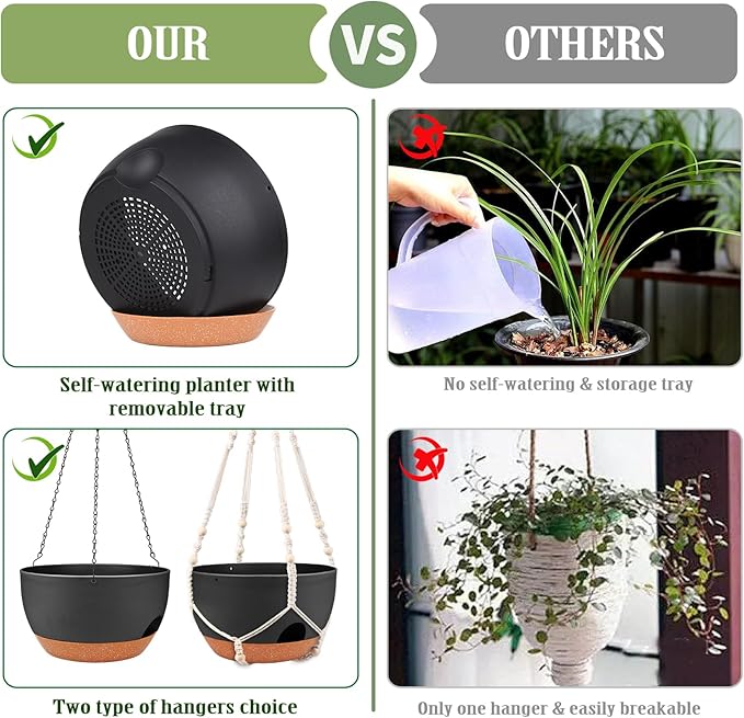 Hanging Planters for Outdoor Indoor Plants, 2 Pack 10 Inch Hanging Basket Plants Outdoor, Self Watering Hanging Planter with Plant Hanger for Garden Home Decoration (Black, 10 inch)