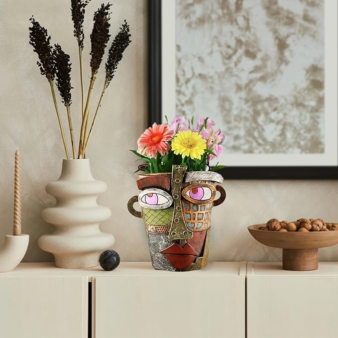 Abstract Face Planters Pots Head,Picasso Brutalist Face Flower Pot Ornaments Head Planter Pots Colorful Art Abstract Resin Flower Pot for Indoor and Outdoor Plants Funny Room Decor(Retro Big)