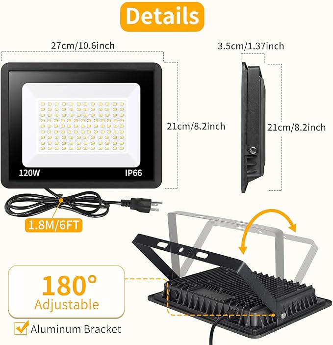 120W LED Flood Light Outdoor with 6ft Plug, 14400LM Brighter Exterior Security Lights, 5000K Daylight LED Work Light, IP66 Waterproof for Yard, Garage, Stadium, Lawn, 2 Pack