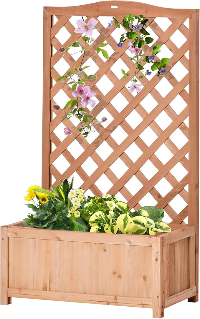 Outsunny Wooden Raised Garden Bed with Trellis, 46" Planter Box, to Grow Vegetables, Herbs, and Flowers for Backyard, Patio, Brown