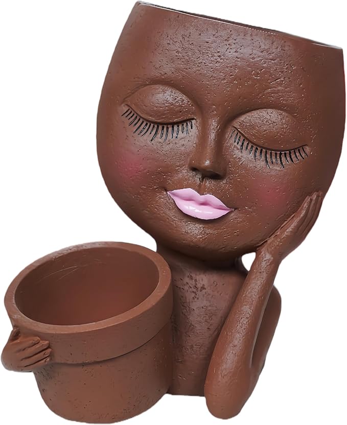 Face Double Plant Pot - Cute Succulent Head Planters Indoor Outdoor Decor, Resin Flower Pots with Drainage Hole, Unique Ideal Present, Gifts for Women/Mother