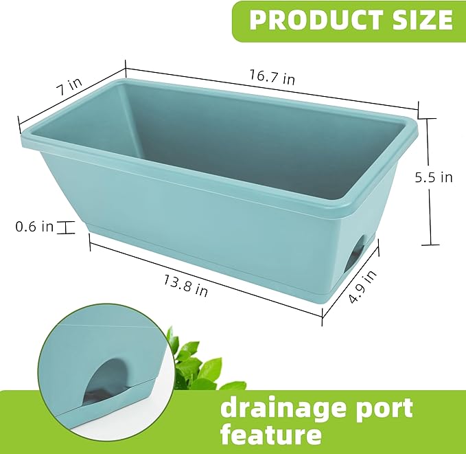 Window Box Planter, 7 Pack Plastic Vegetable Flower Planters Boxes 17 Inches Rectangular Flower Pots with Saucers for Indoor Outdoor Garden, Patio, Home Decor