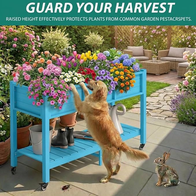 YITAHOME Raised Garden Bed HDPE, 47x18x31In Raised Flower Bed Poly-Wood Weather-Resistant Elevated Planter Box with Lockable Wheels & Storage Shelf for Vegetable Flower, Aruba Blue