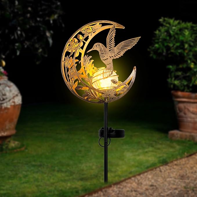 Solar Hummingbird Lights Outdoor Decor - Moon & Bird SolaGardenLights Waterproof, Auto On/Off Pathway Lighting for Yard/Lawn/Patio, Handcrafted Metal Solar-Stake-Lights for Outside Decorations