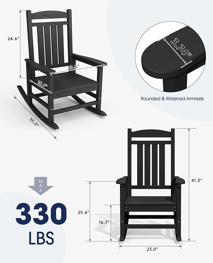 KINGYES Outdoor Rocking Chair Set of 4, High Density Polyethylene Patio Rocking Chairs with 330lbs Support for Adults, Black