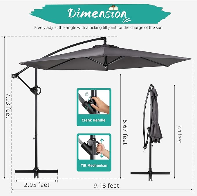 Shintenchi Patio Offset Umbrella with Easy Tilt Adjustment,Crank and Cross Base, Outdoor Cantilever Hanging Umbrella, Sunshade Free Standing Canopy, Dark Gray