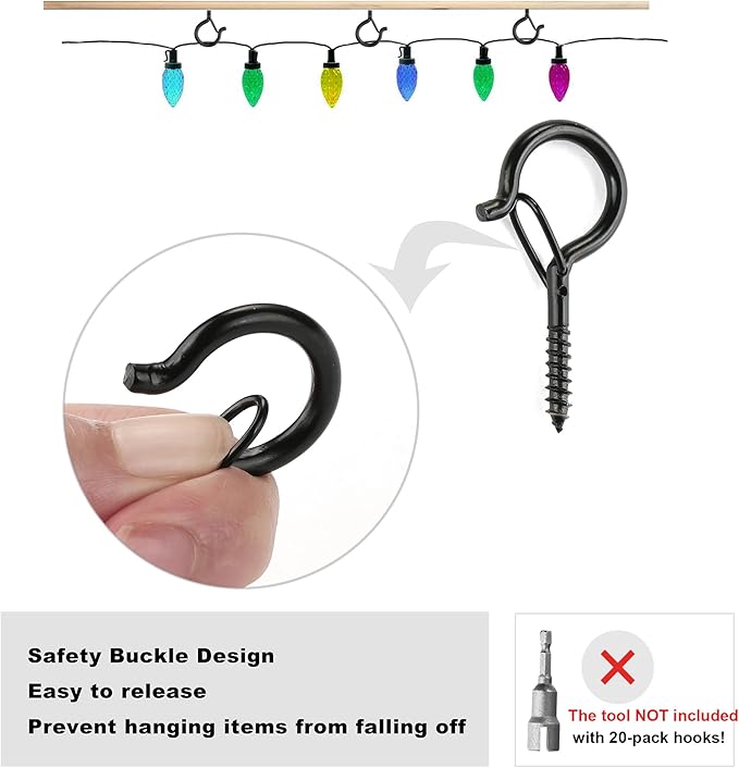 PlusRoc 20 Pack Ceiling Hooks for Hanging Plants Outdoor String Lights Heavy Duty, 2.2 Inch Eye Hook Screw in Cup Hooks Q-Hanger for Patio Lights, Wall Wood Fence Deck Mount(Black)