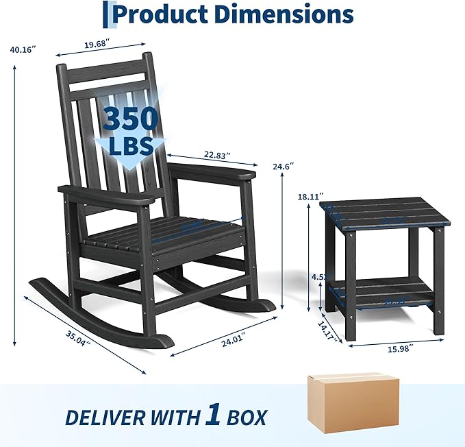 HDPE Rocking Chair Outdoor Set of 4 with 2 Side Table - Poly High Back Porch Rocker Chairs for Adults - All Weather Resistant Furniture for Patio Front Porch - Black