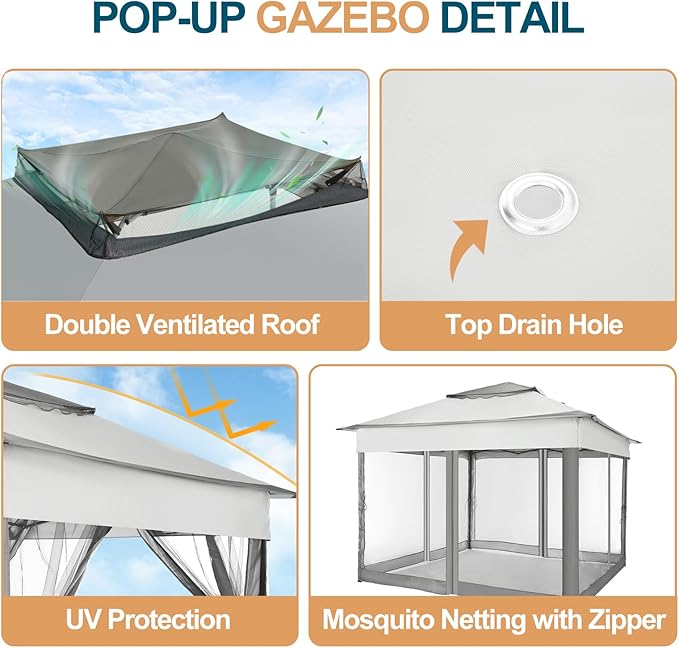 COBIZI 11x11 Pop Up Gazebo Canopy Tent Easy Up Outdoor Gazebo Waterproof Upgrade Portable Gazebo with Mosquito Nettings, Double Vented Roof and Carry Bag for Patio Garden Lawn(Gray)