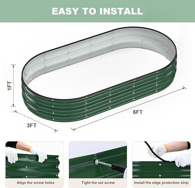 Raised Garden Bed, 6x3x1ft Galvanized Outdoor Planter Beds with Safety Edging and Gloves, Oval Metal Planter Box for Gardening Vegetables Flowers Herb-Deep Green