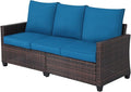 Rattan Outdoor Sofa 3-Seater - PE Woven Patio Couch with Waterproof Blue Cushions, Heavy-Duty Steel Frame for Garden, Poolside Outdoor Wicker Furniture