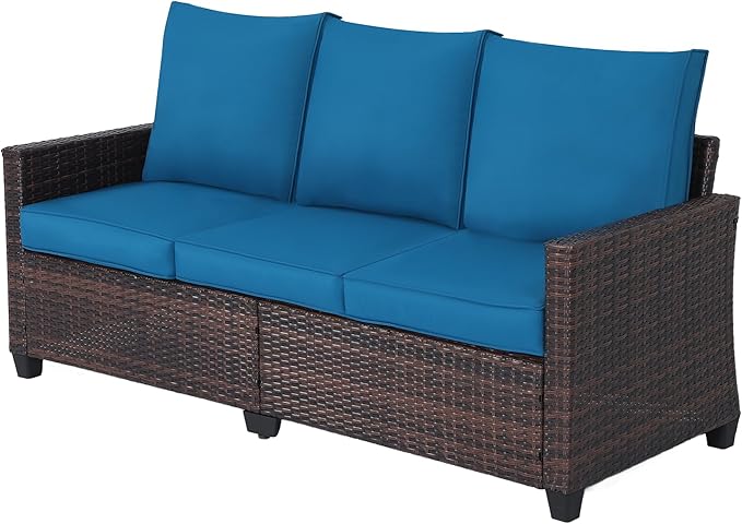 Rattan Outdoor Sofa 3-Seater - PE Woven Patio Couch with Waterproof Blue Cushions, Heavy-Duty Steel Frame for Garden, Poolside Outdoor Wicker Furniture