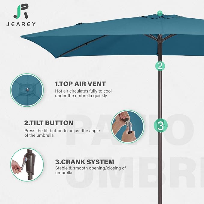 JEAREY 6.5x10 ft Rectangular Patio Umbrellas Rectangle Outdoor Umbrella with Push Button Tilt and Crank, Market Table Umbrella 6 Sturdy Ribs UV Protection for Poolside Garden Backyard Deck, Lake Blue