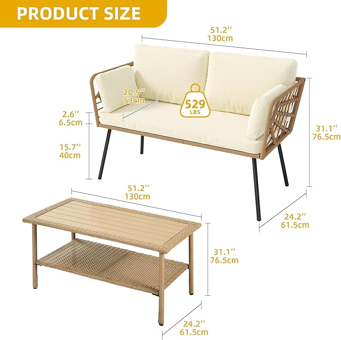 DWVO 2-Piece Patio Set, Wicker Loveseat with Plush Cushions & Rattan Side Table, All-Weather Outdoor Conversation Furniture for Balcony, Deck, Backyard, Poolside