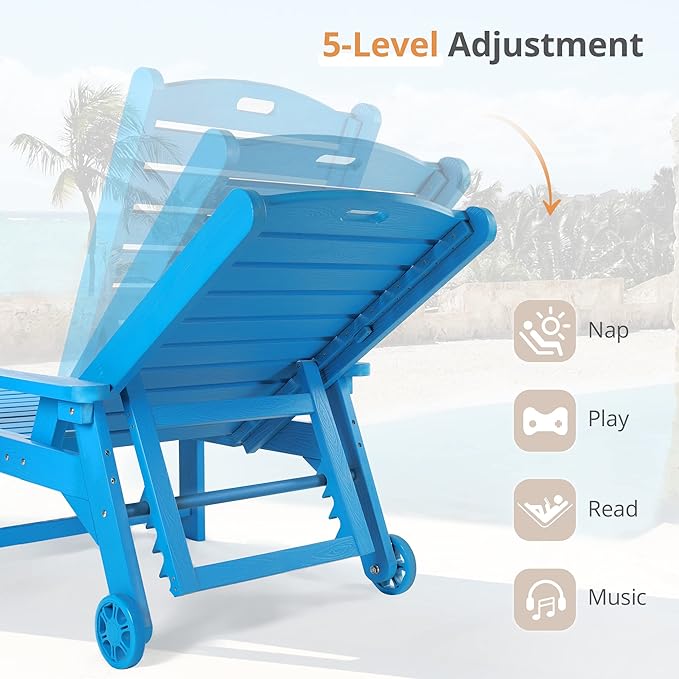 LUE BONA Outdoor Chaise Lounge Chairs Set of 4, HDPS Chaise Lounger, 5 Positions Adjustable Lounge Chairs, Pool Lounge Chair with Wheels for Poolside, Blue