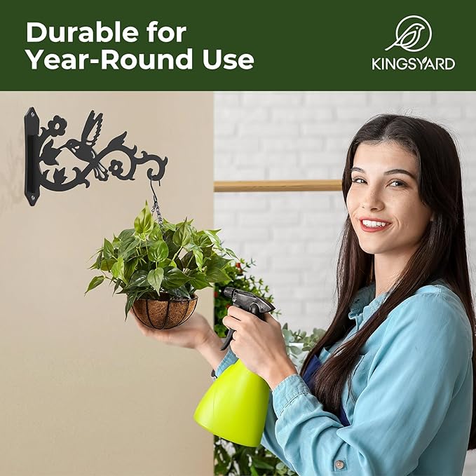 Kingsyard 2-Pack Wall Plant Hangers Outdoor Indoor, 8 Inch Heavy Duty Solid Metal Brackets with Bird Design, Anti Rust Plant Hooks for Plants, Bird Feeders, Lanterns, Wind Chimes, Hummingbird Design