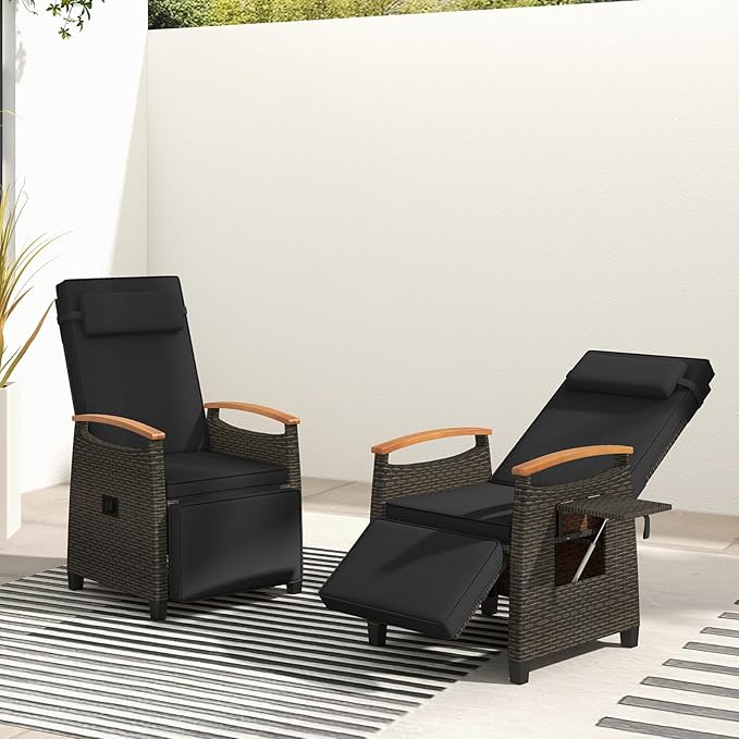 RELAX4LIFE Rattan Outdoor Recliner Chair - Wicker Chaise Lounge Chair w/Adjustable Back & Footrest, Acacia Wood Armrests, Flip Side Table, Cushion, Reclining Patio Chair for Pool Yard (1, Black)