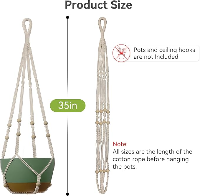 USLAI Macrame Plant Hanger Indoor Outdoor, Fits 4 to 15 Inch Pots, Strong Hanging Planter Holder, Boho Home Decor, 35 Inch, Ivory (POTS NOT Included)