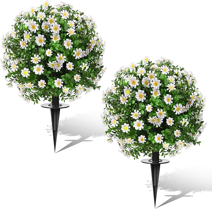 Artificial Topiary Bushes for Outdoors with Spike, Boxwood Ball Fake Shrubs UV Resistant Faux Plants for Indoor Outdoor Fall Thanksgiving Halloween Decor (Sunflower Boxwood White -2 Packs)