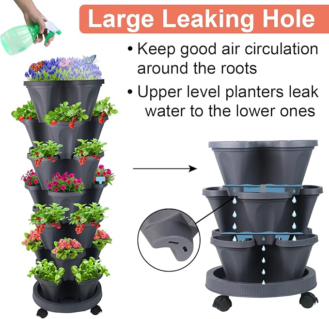 DUNCHATY Stackable Planter, Vertical Strawberry Planter with Garen Tool Set, Self Watering Garden Planter Indoor/Outdoor 7 Tier Herb Planter Pots for Growing Vegetables and Succulents, Dark Gray