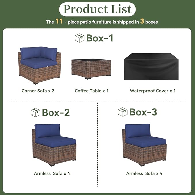 Aoxun 11 Piece Patio Furniture Set Wicker Rattan Patio Conversation Set Outdoor Sectional Sofa Set with Coffee Table and 4” Thickened Cushions, Blue(Waterproof Cover Included)