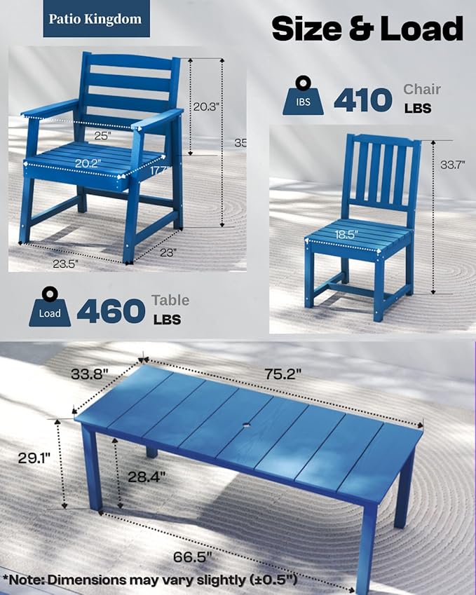 9-Piece Navy Blue Outdoor Dining Set with White 15FT Large Patio Umbrella, 75.2'' HDPE Table & Chairs for 8, Weather-Resistant Furniture with Umbrella Hole for Patio, Lawn, Poolside