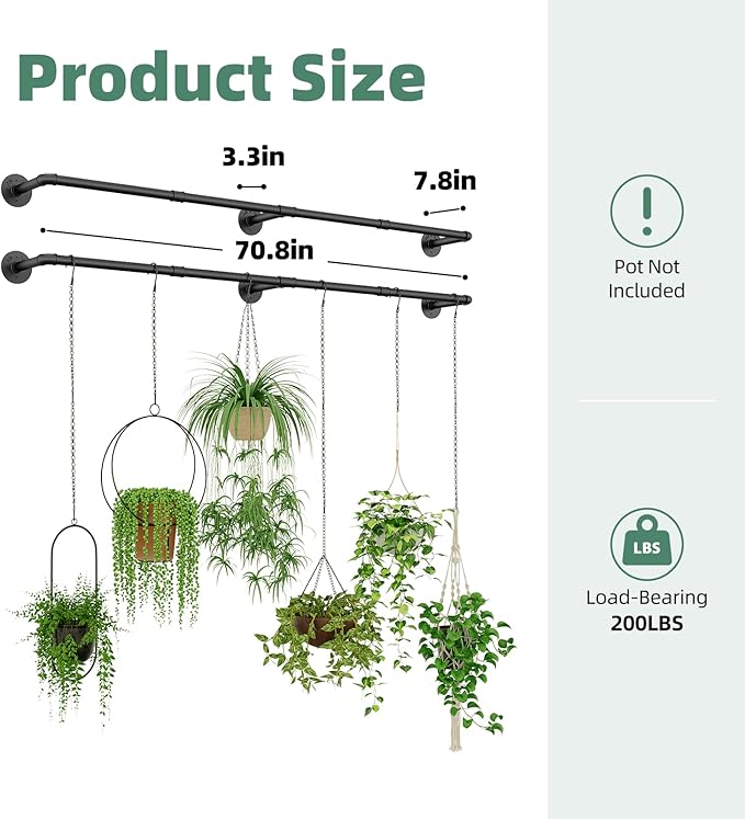Plant Hanger Indoor Hanging Planters for Indoor Plants Hanging Plant Holder Window Plant Rod Black Metal Shelves 70.8 Inch 2PCS Pot not Included