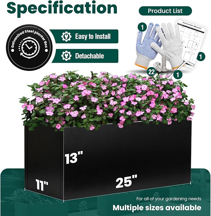 Galvanized Steel Metal Planter 25" L x 11" W x 13" H Rectangular Indoor Black Planter Box Large Outdoor Planters Steel Commercial Residential for Patio, Garden