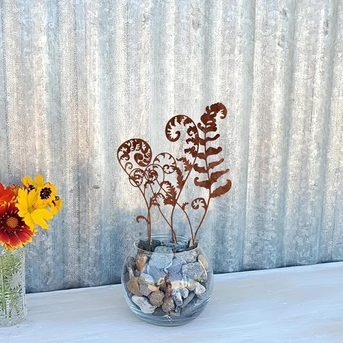 Metal Flowers for Outside,Set of 6 Fern Plants Garden Stakes Decorative Statues,Yard Art Outdoor Plant Decorations for Pots (Brown)