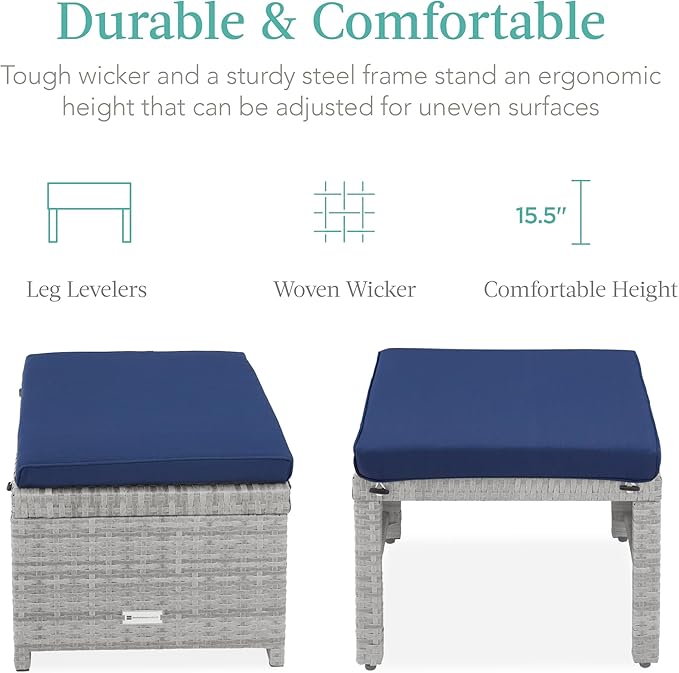 Best Choice Products Set of 2 Wicker Ottomans, Multipurpose Outdoor Furniture for Patio, Backyard, Additional Seating, Footrest, Side Table w/Removable Cushions, Steel Frame - Gray/Navy