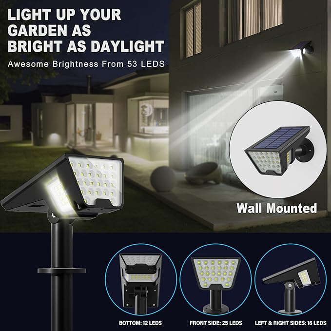 Solar Spot Lights Outdoor, 53 LEDs IP65 Waterproof Solar Lights Outdoor, 2-in-1 Solar Landscape Spotlight Wall Light with Auto On/Off & 3 Modes for Yard Garden Decor 2 Pack (Cool White)