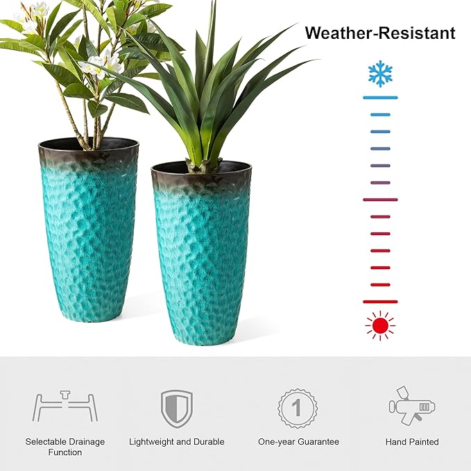 Glitzhome 23.75" H Large Planters for Outdoor Plants,Set of 2 Plastic Tall Outdoor Planters with Drainage Holes,Honeycomb Textured Gradient Turquoise Finish, Large Flower Pots for Front Porch Indoor
