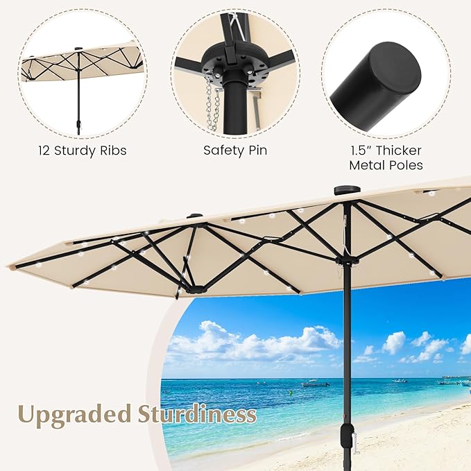Tangkula 9 Pieces Rattan Outdoor Dining Set with 13Ft Solar Patio Umbrella for 6, Outdoor Wicker Table Set with 8 Cushioned Chairs, Acacia Wood Top, Outdoor Umbrella with Base Included