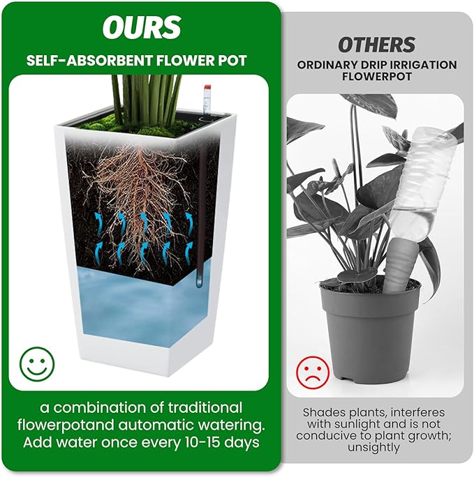 Garvee 16" Tall Planters Set of 4, Outdoor＆Indoor Black Planter Pots, High Front Porch Planter Pots with Drainage Holes＆Water Level Monitor＆Inner Bucket, White