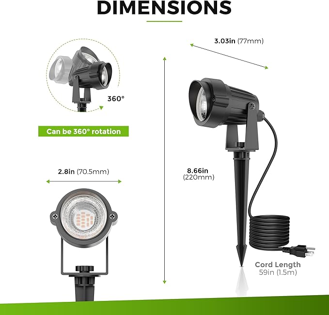 L LOHAS LED Landscape Spot Lights Outdoor, Dusk to Dawn Sensor 5W LED Spotlights for Yard, 120V 450LM Pathway Garden Outside Lights, 9.84-ft Cord, IP66 Waterproof 3000K Warm White, UL Listed 1 Pack